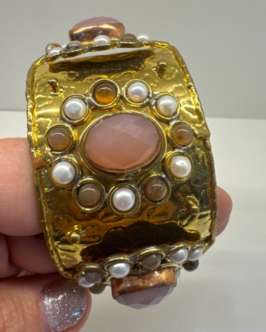 Handmade Brass, Copper & Rose Quartz Cuff