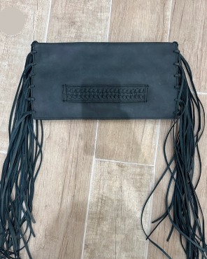 Dark Teal & Black Leather Fringe Bag