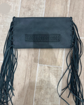 Dark Teal & Black Leather Fringe Bag