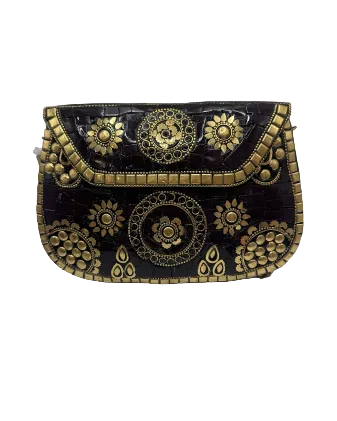 Dark Embroidered Handbag with Gold Medallions