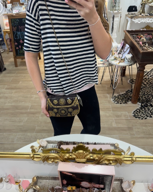 Dark Embroidered Handbag with Gold Medallions