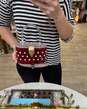 Red Velvet Box Bag with Gold Studs