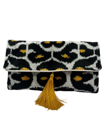 Black & White Animal Print Clutch with Yellow Tassel