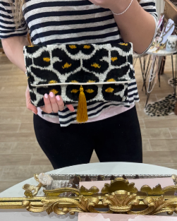 Black & White Animal Print Clutch with Yellow Tassel