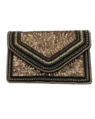 Gold & Black Beaded Embroidered Envelope Clutch