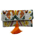 White Ikat Print Clutch with Orange Tassel