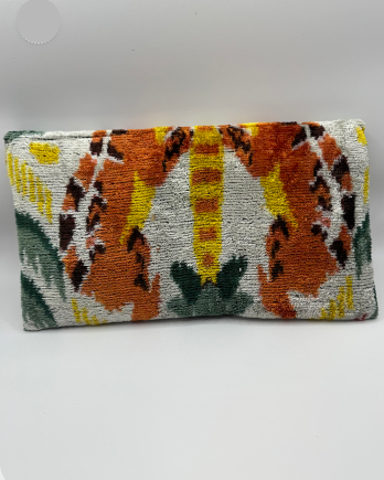 White Ikat Print Clutch with Orange Tassel