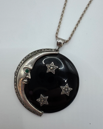 Vintage Designer Sterling Onyx Moon Necklace