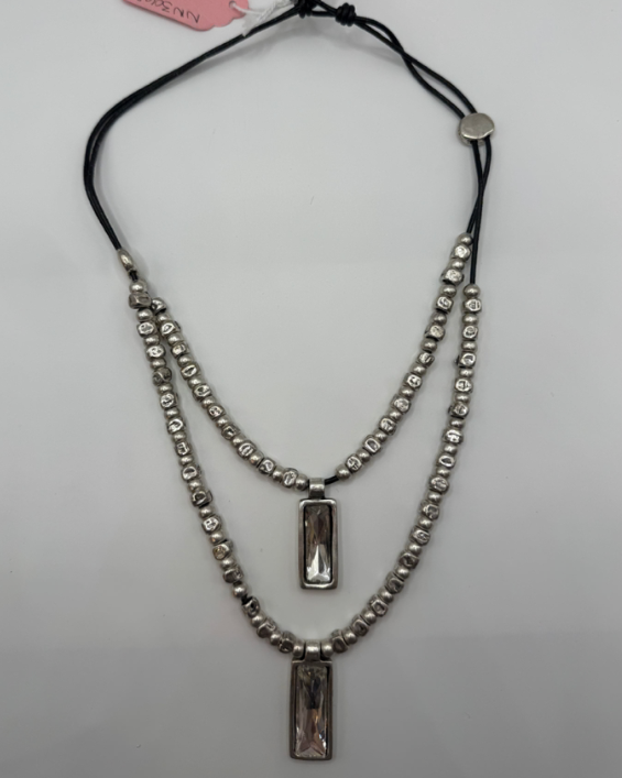 Extendable Pewter & Silver Rhinestone Cord Necklace