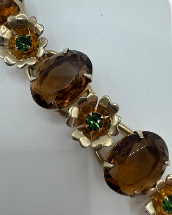 Vintage Topaz & Green Rhinestone Gold Tone Bracelet