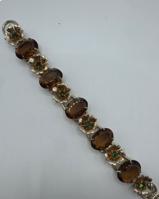 Vintage Topaz & Green Rhinestone Gold Tone Bracelet