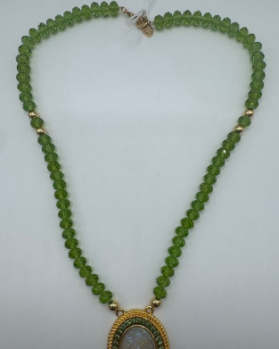 Green Beaded Necklace with Oval Stone Pendant