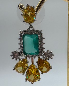 18K Gold Plate Emerald & Amber CZ Statement Earrings