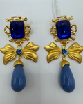 Gold Bow & Blue Teardrop Drop Earrings