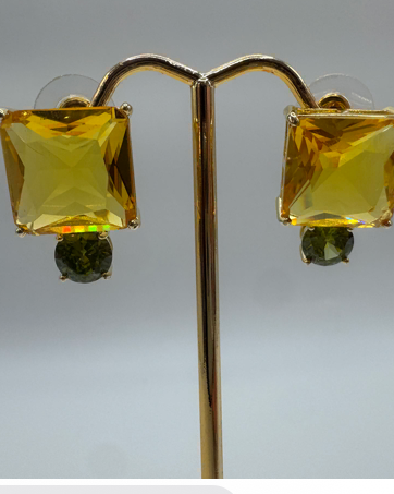 18K Gold Citrine & Olive CZ Square Stud Earrings