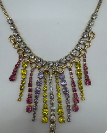 Gold Plated Brass Multi-Color Crystal Fringe Necklace