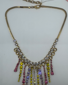Gold Plated Brass Multi-Color Crystal Fringe Necklace