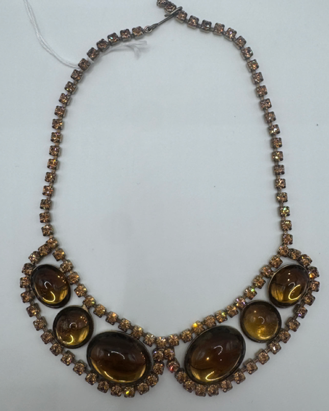 Amber Glass & Rhinestone Bibb Necklace