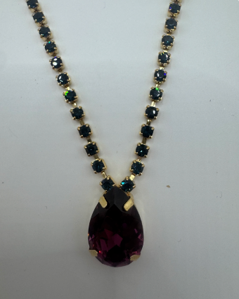Dark Beaded & Amethyst Teardrop Pendant Necklace