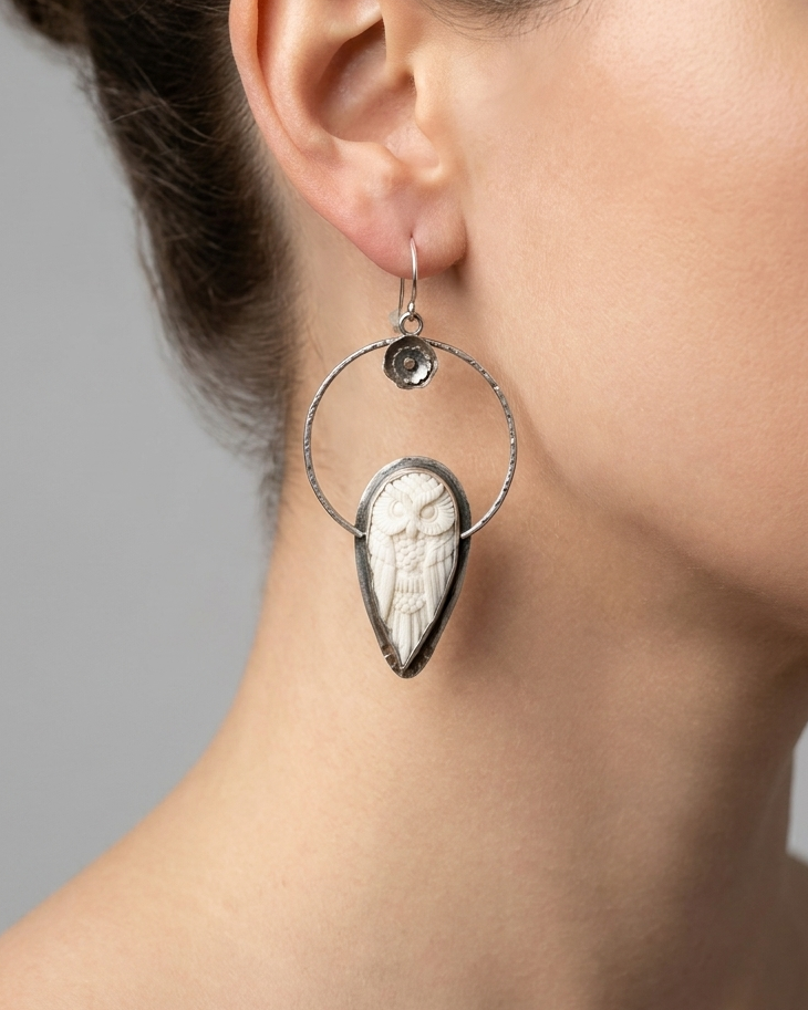 Gold over Sterling Silver Horn Carved Owl Statement Earrings (One of a Kind)