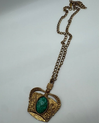 Vintage Crown Green Bead Necklace