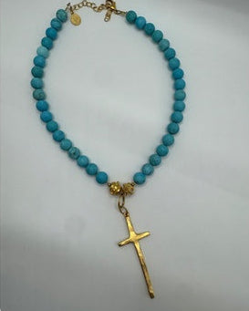 24k Gold-Plated Baroque Cross Bead Necklace