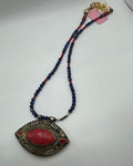 Hand Beaded Lapis Necklace with Red Coral Pendant